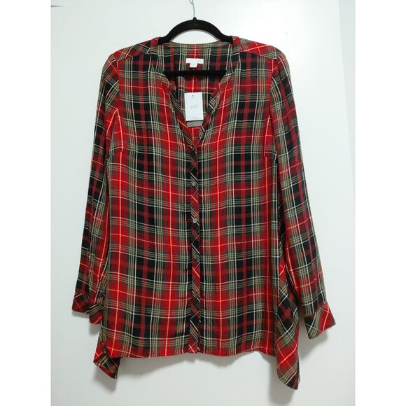J Jill Womens Button Up Long Sleeve Blouse Red Green Black Plaid Rayon Small NWT - Picture 2 of 7
